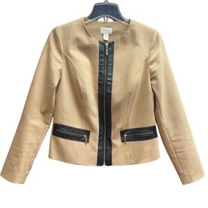 Chico’s Tan Black Faux Leather Trim Zip Jacket Sz 0 (XS)